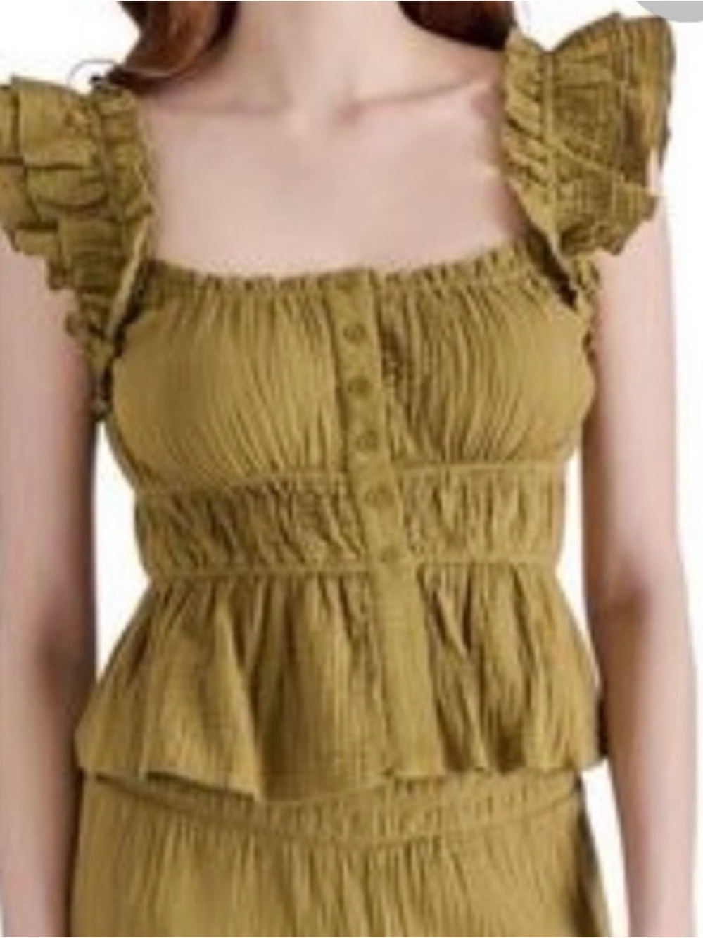 Steve Madden Olive Green Ruffle Sleeve Button-Front Peplum Top